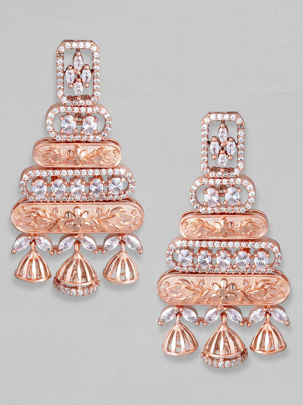 Rubans Zircon Studded Handcrafted Rose Gold Plated Filligree Multi Jhumka Drop Earrings Earrings