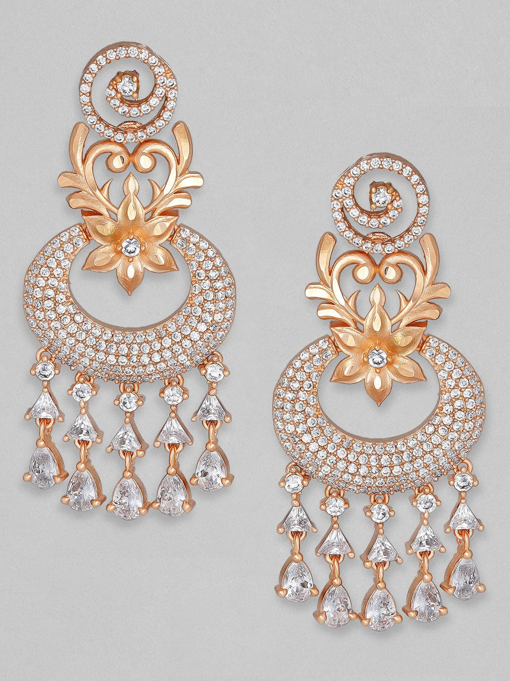 Rubans Zircon Studded Handcrafted Rose Gold Plated Floral Chandbali Earrings Earrings