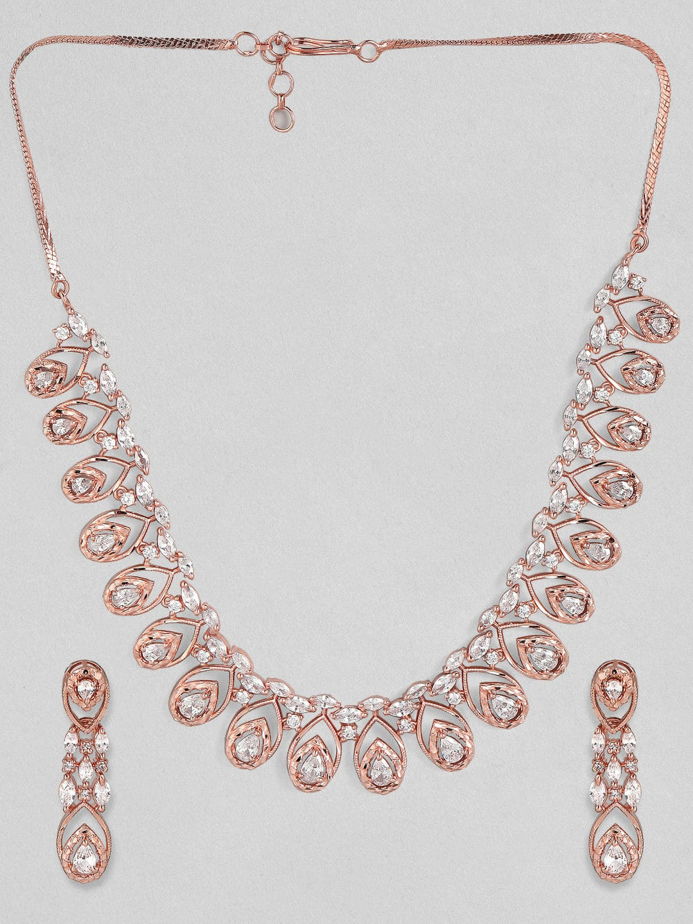 Rubans Zircon Studded Handcrafted Rose Gold Plated Statement Necklace Set Necklace Set