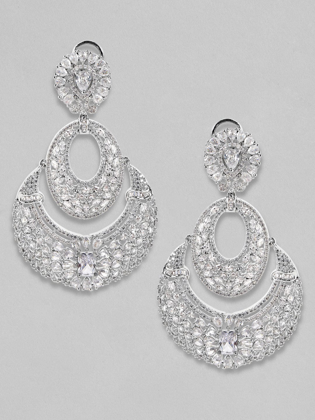 Rubans Zircon Studded Handcrafted Silver Plated Statement Chandbali Earrings Earrings