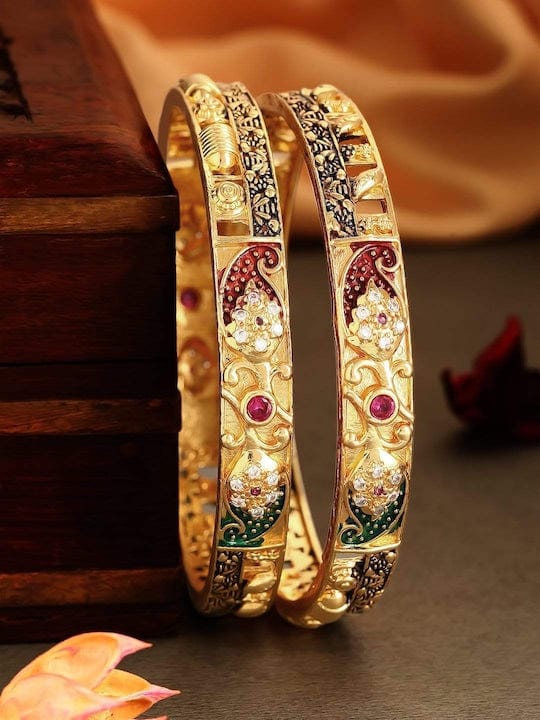 Set Of 2 24K Gold-Plated Pink &amp; White Stone-Studded Enamelled Handcrafted Bangles Bangles &amp; Bracelets