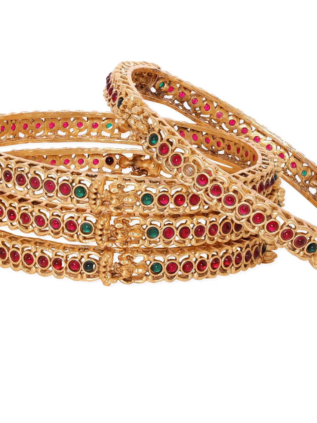 Set of 4, 22K Gold plated kemp stone studded goddess motif handcrafted Temple bangles Bangles & Bracelets