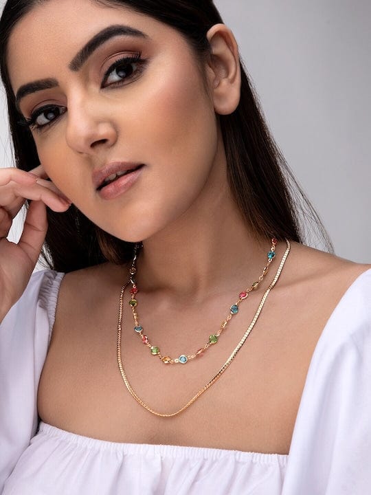 TOKYO TALKIES 18K Gold Plated Multicolour Crystal & Snake Chain Double Layer Necklace Necklaces, Chains & necklace