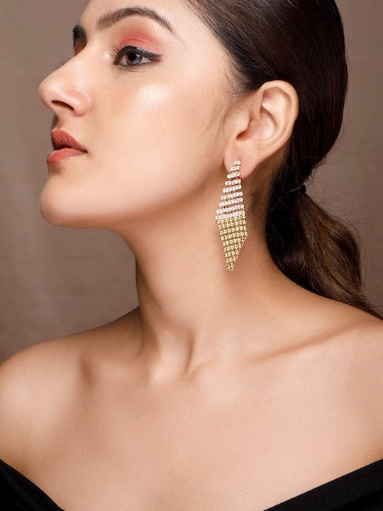 TOKYO TALKIES 18K Gold Plated Zirconia Studded Gold Beaded Patterned Dangle Earrings Earrings