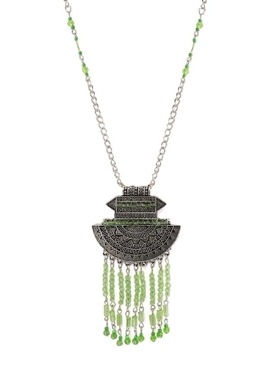 TOKYO TALKIES Oxidized Silver Green Crystal Tassel Necklace Necklaces, Chains & necklace