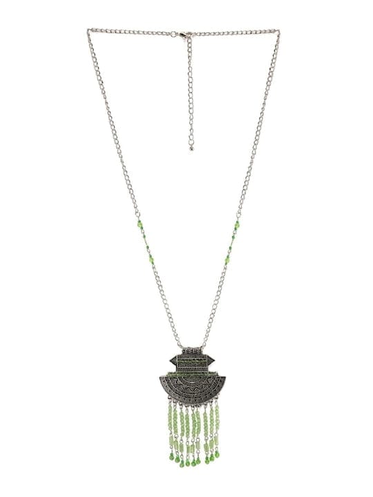 TOKYO TALKIES Oxidized Silver Green Crystal Tassel Necklace Necklaces, Chains & necklace