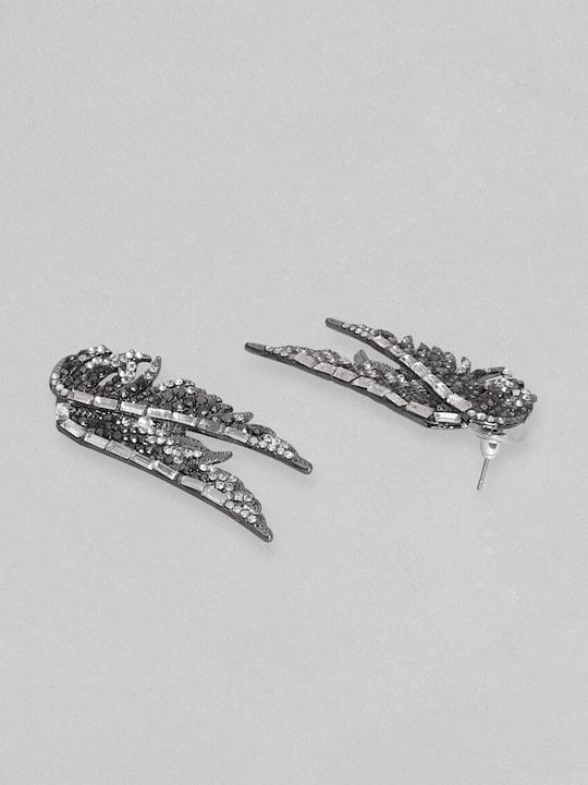 TOKYO TALKIES Rhodium Plated Black Zirconia Studded Wing Motif Stud Earrings Earrings