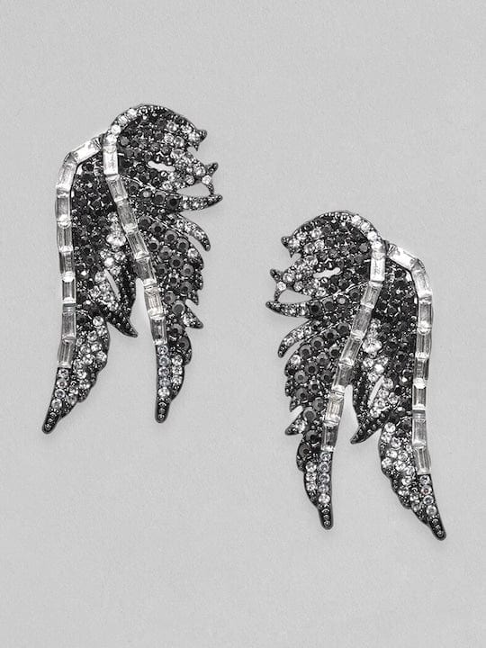 TOKYO TALKIES Rhodium Plated Black Zirconia Studded Wing Motif Stud Earrings Earrings