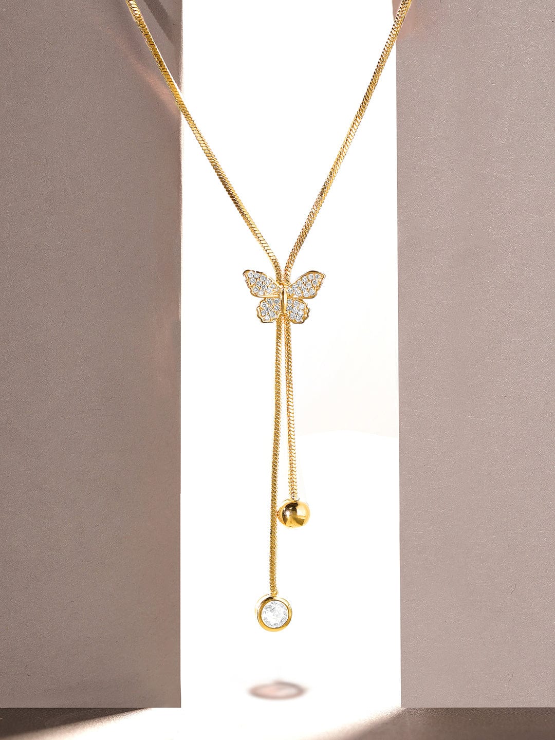 Rubans 18K Gold Plated, Minimal Chain Butterfly Motif Zircons Studded Drop Pendant Necklace. Chain & Necklaces