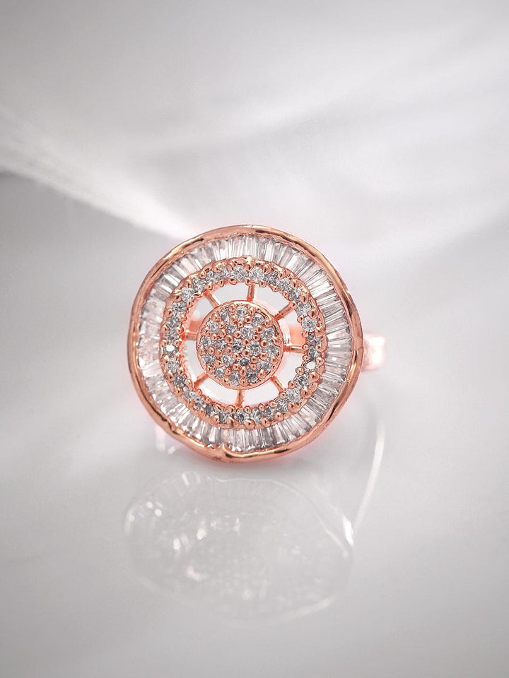 Rubans 18K Rose Gold Plated Baguette & Round Zircons Studded Adjustable Ring Rings