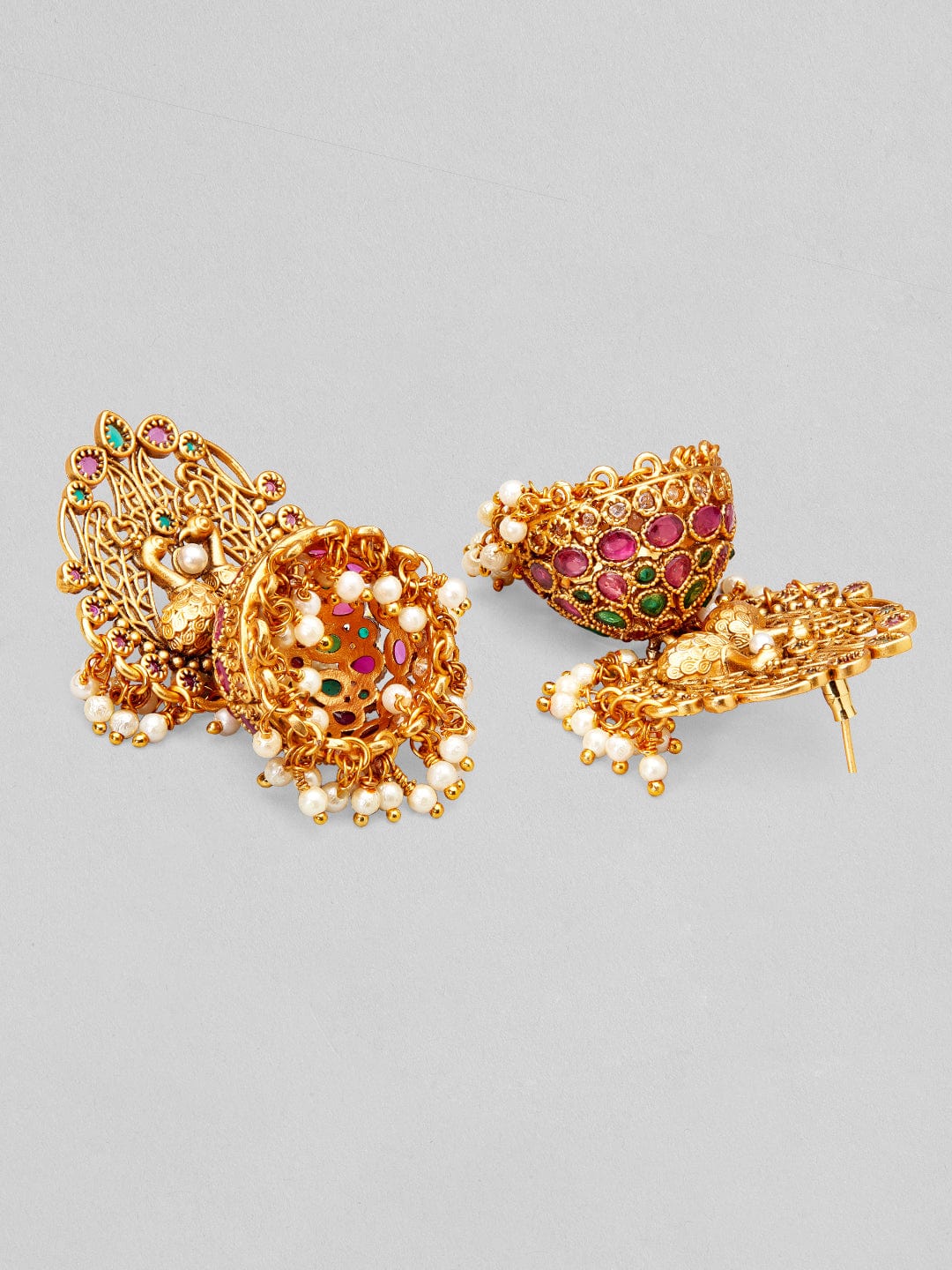 Rubans 22K Gold Plated Earrings With Peacock Design, Stone And Pearls. Earrings