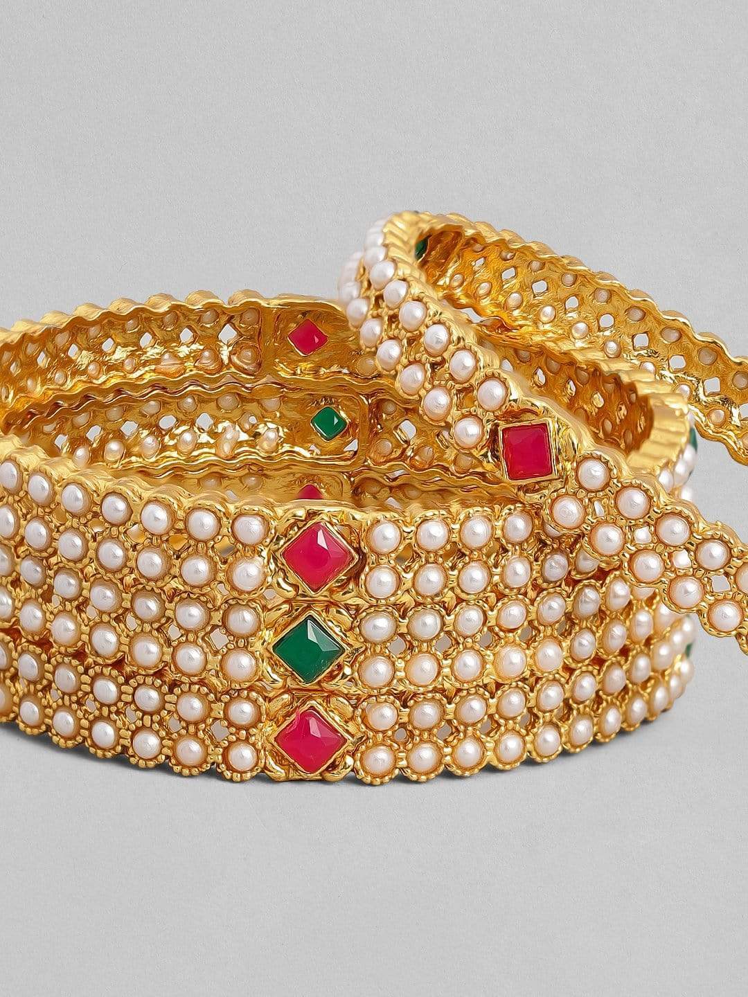 Rubans 22K Gold Plated Handcrafted Color Stone & White Pearls Set of 4 Bangles Bangles & Bracelets