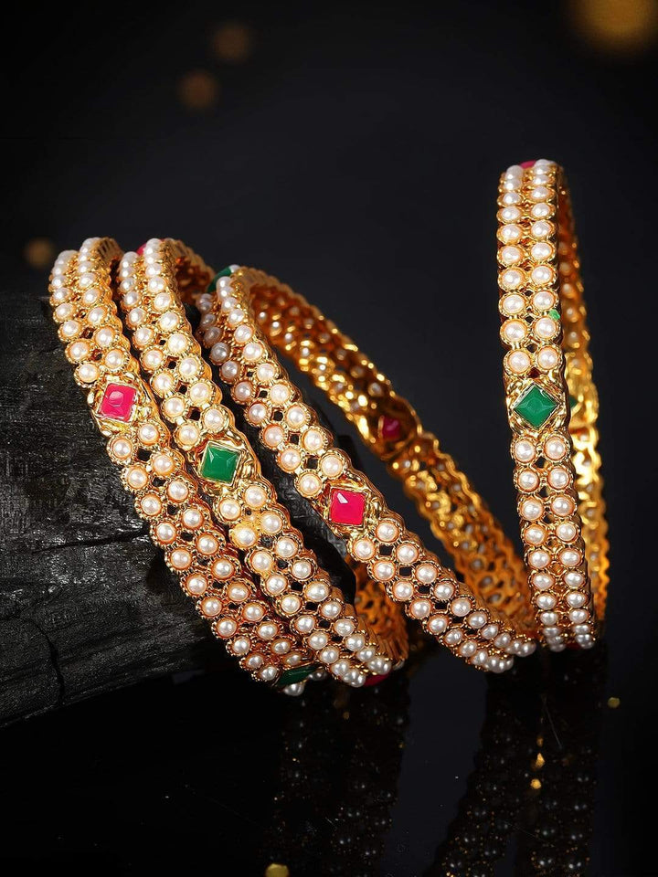 Rubans 22K Gold Plated Handcrafted Color Stone & White Pearls Set of 4 Bangles Bangles & Bracelets