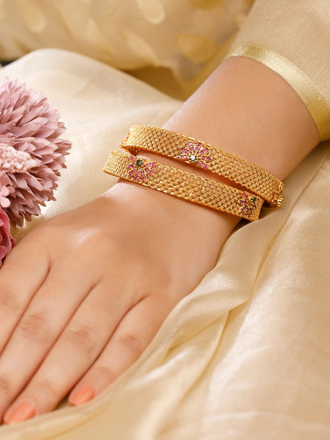 Rubans 22K Gold Plated Handcrafted Pink &amp; Green Stone Studded Bangle Bangles &amp; Bracelets