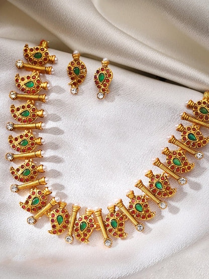 Rubans 22K Gold Plated Handcrafted Temple Color Stone Necklace Set Necklace Set