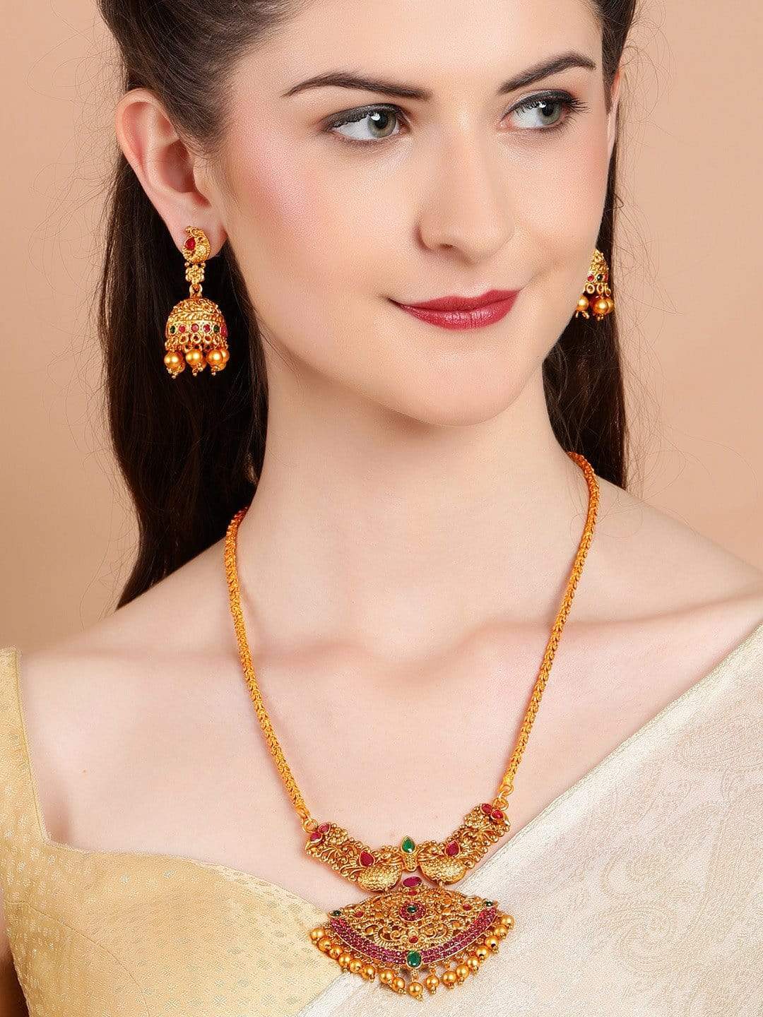 Rubans 22K Gold Plated Handcrafted Temple  Necklace Set Necklace Set