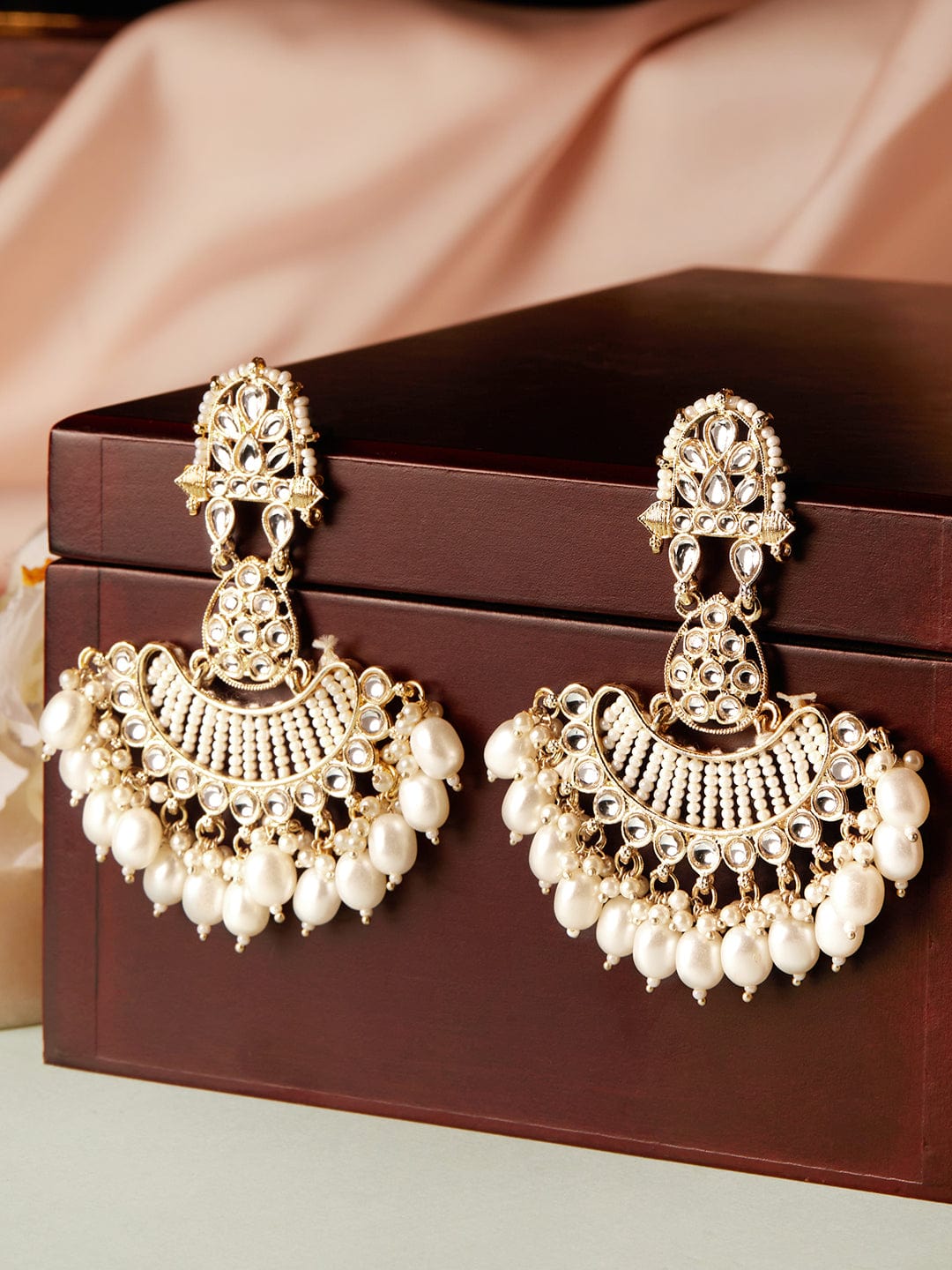 Rubans 22K Gold Plated Kundan Chandbali Earrings With Pearls And Beads Earrings