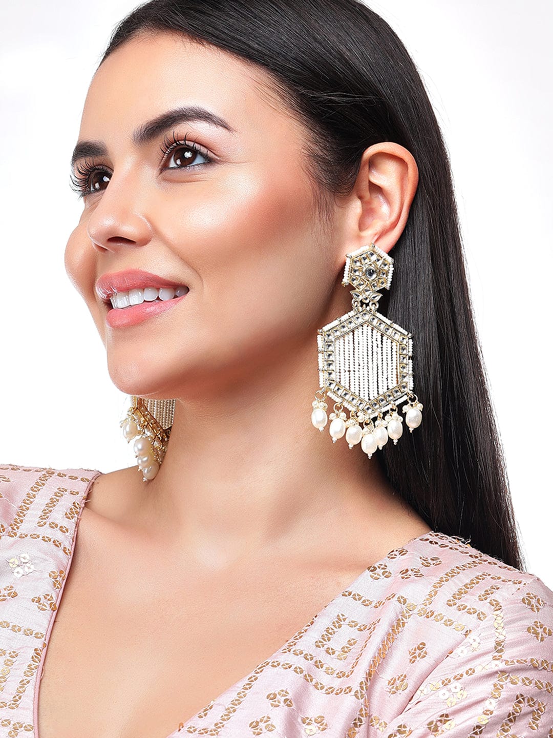 Rubans 22K Gold Plated Kundan Drop Earrings With Pearls And Beads Earrings
