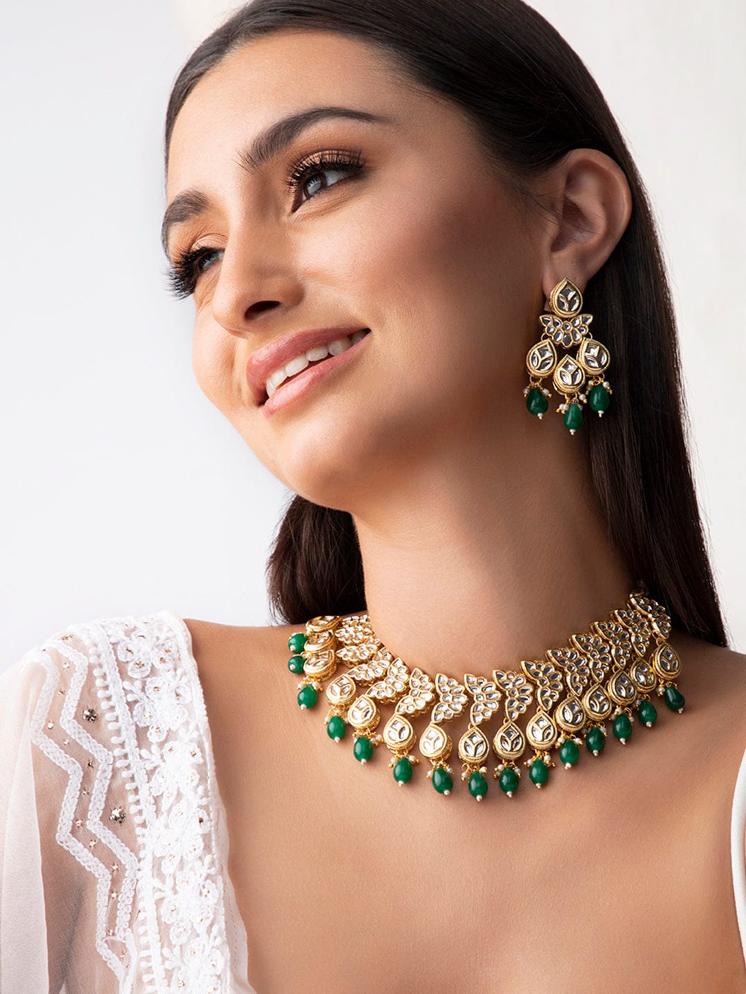 Rubans 22K Gold Plated Kundan Necklace Set With And Green Beads Necklace Set