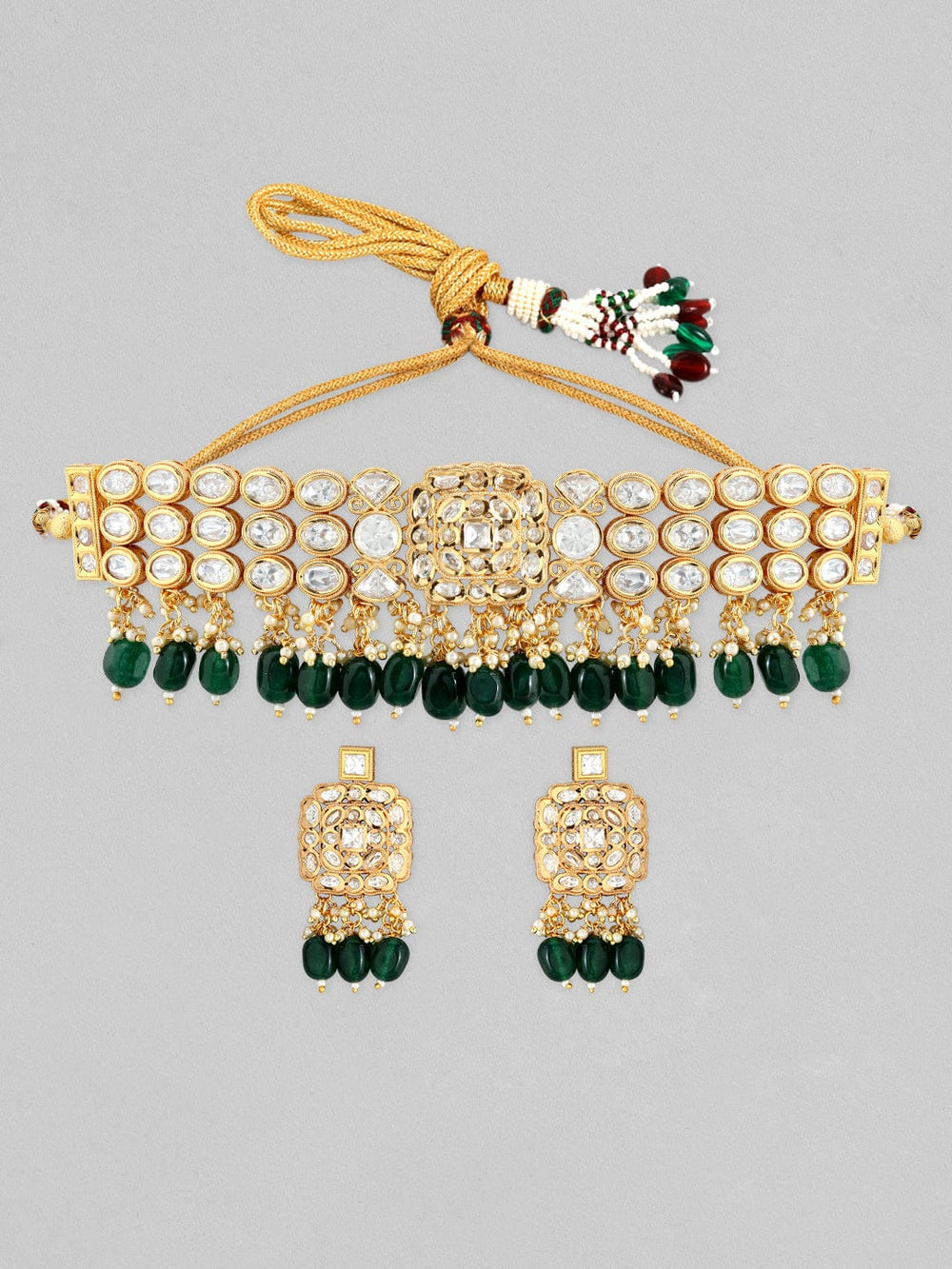 Rubans 22K Gold Plated Kundan Necklace Set With Green Beads Design Necklace Set