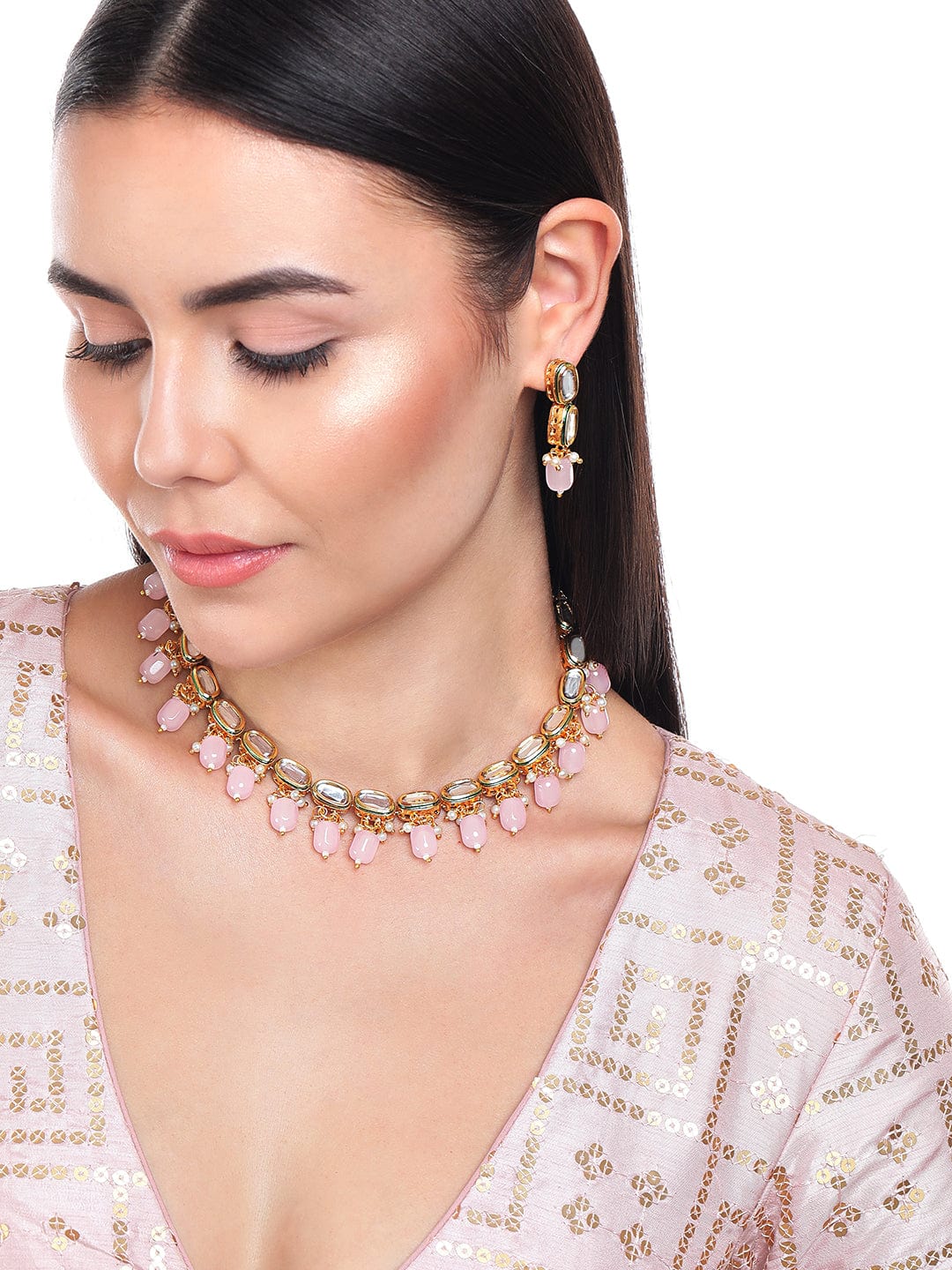 Rubans 22K Gold Plated Kundan Necklace With Pink Beads Necklace Set