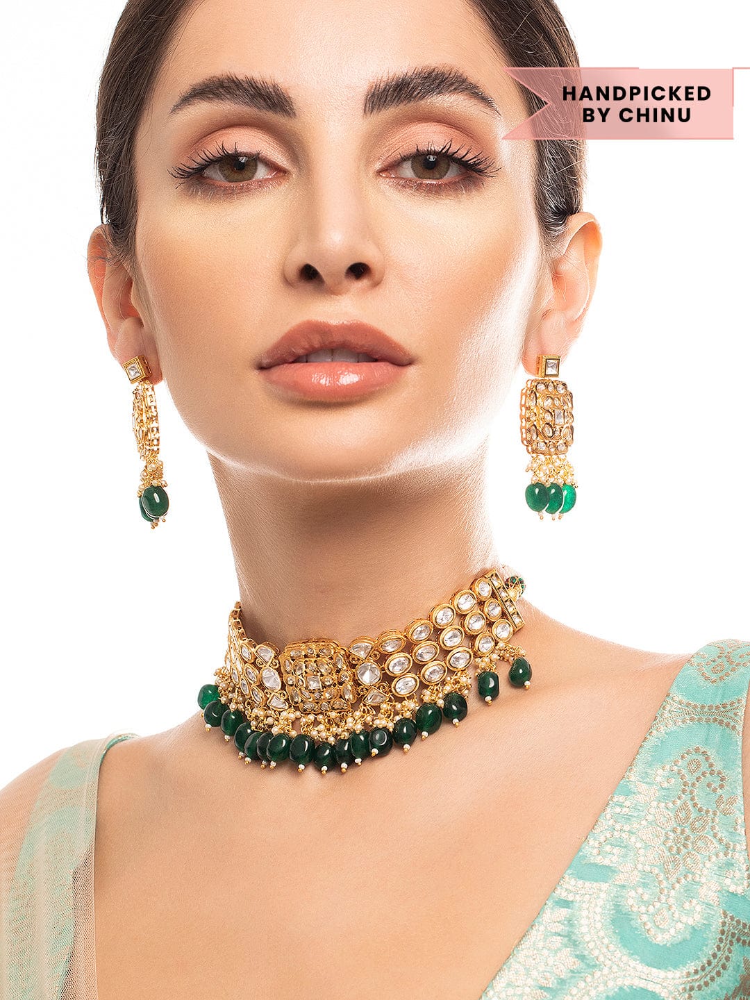 Rubans 22K Gold Plated Kundan Polki Necklace Set With Green Beads Design Necklace Set