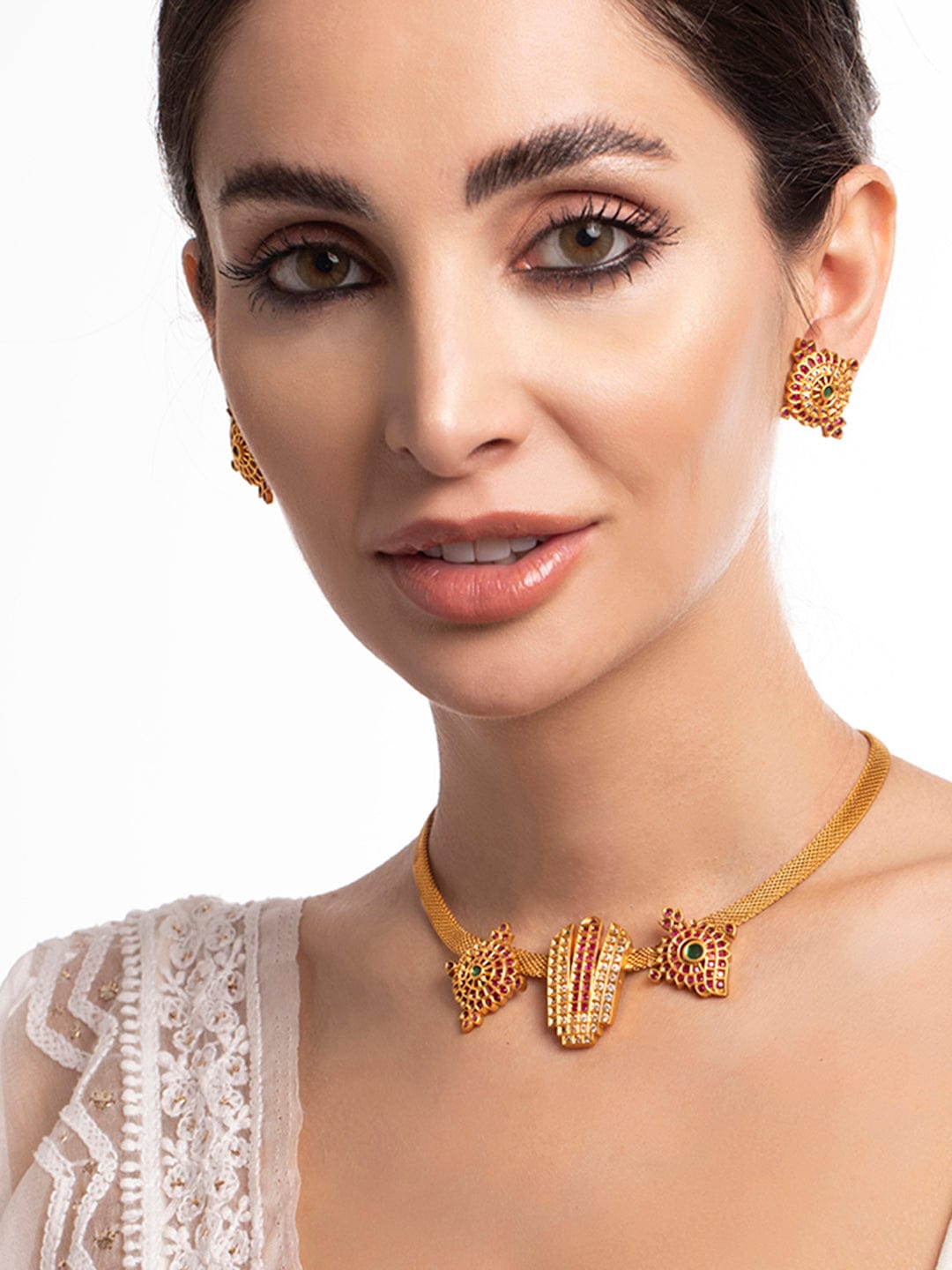 Rubans 22K Gold Plated Necklace Set With Studded AD Design Necklace Set