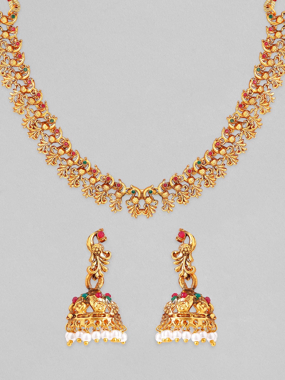 Rubans 22k Gold-Plated Red & Green Stone Studded Handcrafted Traditional Temple Jewellery Set Necklace Set