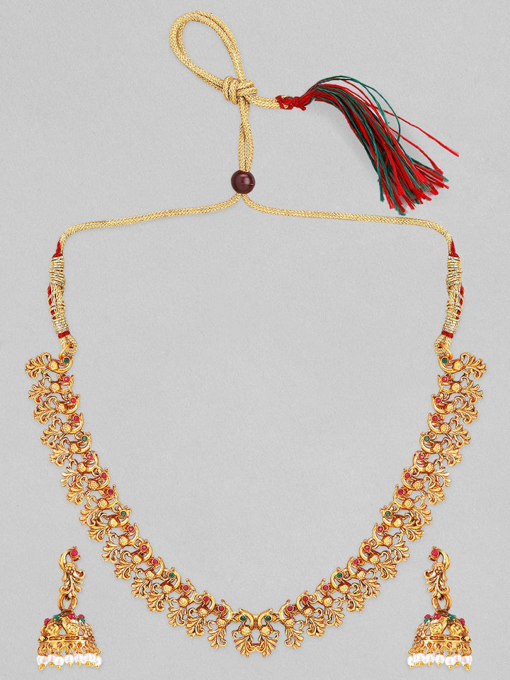 Rubans 22k Gold-Plated Red & Green Stone Studded Handcrafted Traditional Temple Jewellery Set Necklace Set