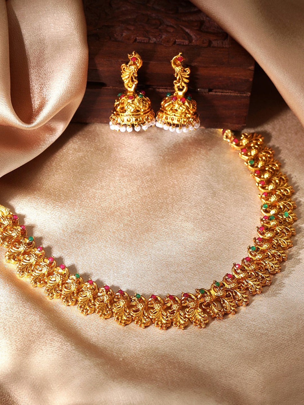 Rubans 22K Gold-Plated Red & Green Stone Studded Handcrafted Traditional Temple Jewellery Set Necklace Set