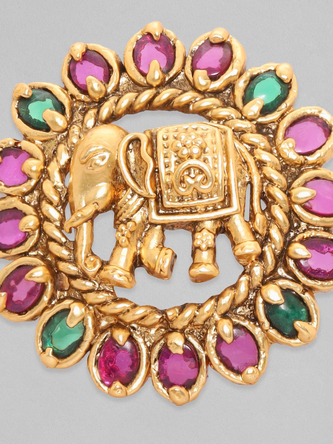 Rubans 22K Gold Plated Red &amp; Green Zircons Studded Elephant Motif Temple Ring Rings