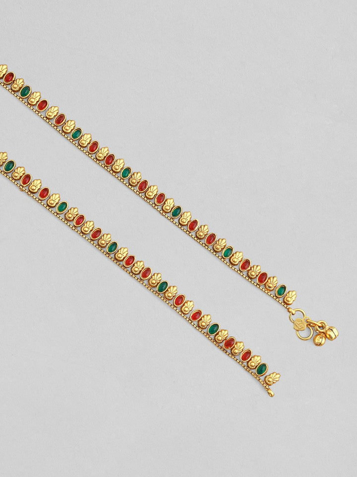 Rubans 24k Gold Plated Anklet With Red And Green Stones. Anklets