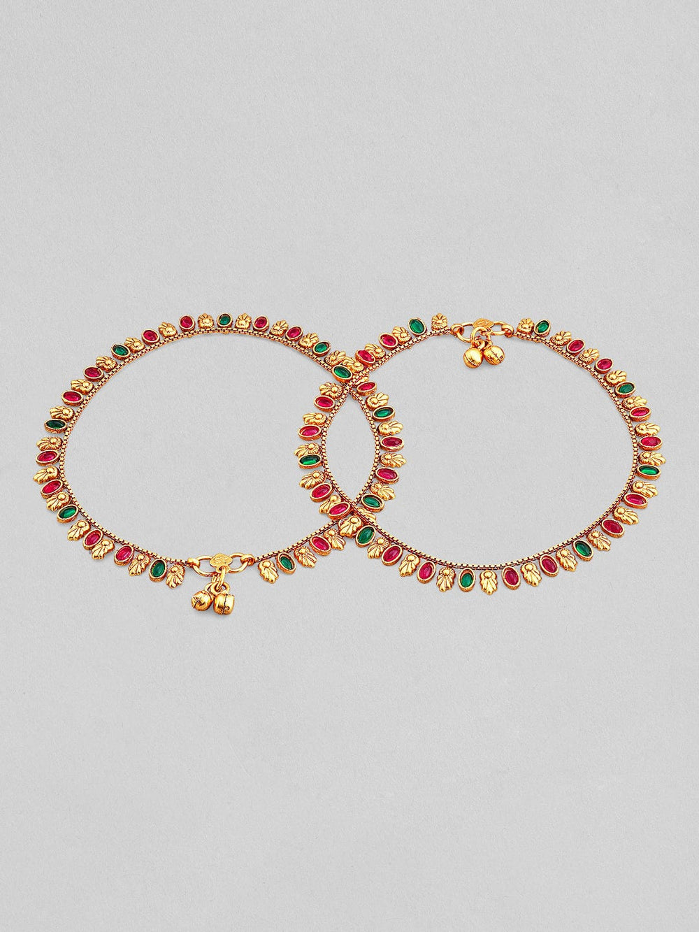 Rubans 24k Gold Plated Anklet With Red And Green Stones. Anklets