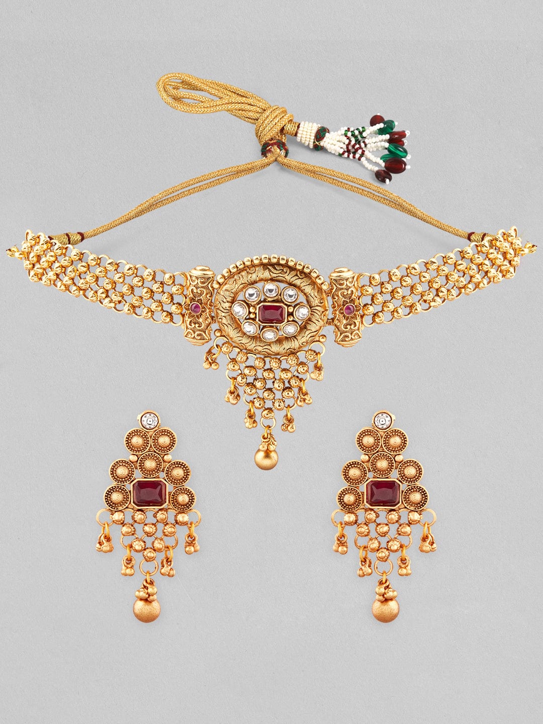Rubans 24k gold plated choker set studded with red and white stones. Necklace Set