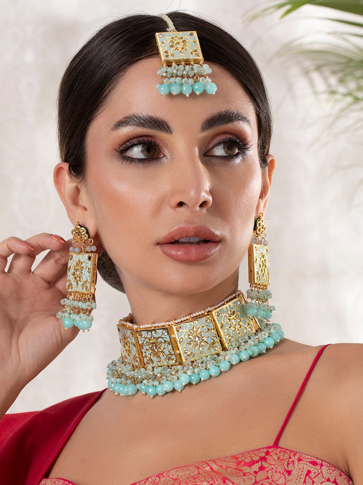 Rubans 24k Gold Plated Choker Set With Sky Blue Colour Enamel And Beads. Necklace Set