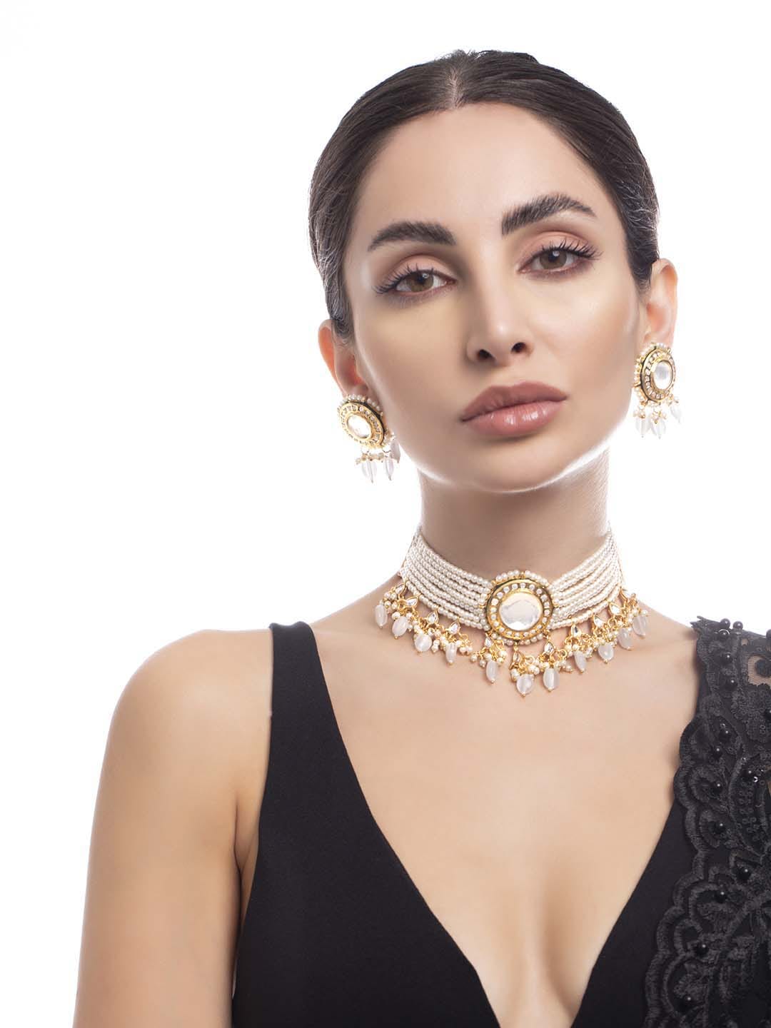 Rubans 24K Gold Plated Choker Set With White Beads And Pearls Necklace Set