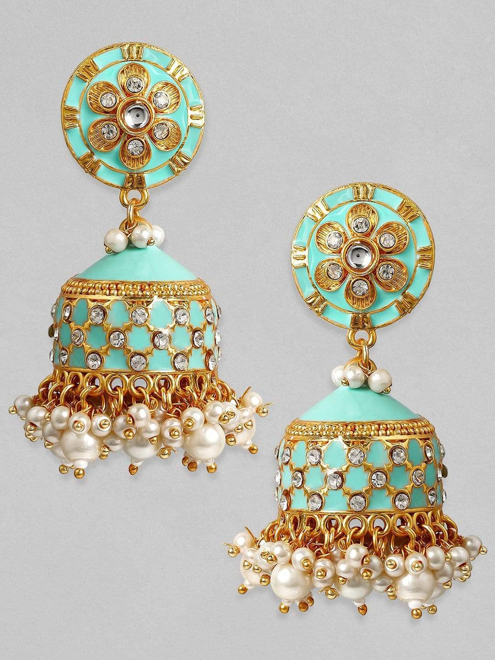 Rubans 24K Gold Plated Handcrafted Blue Enamel & Kundan with Pearls Jhumka Earrings Earrings