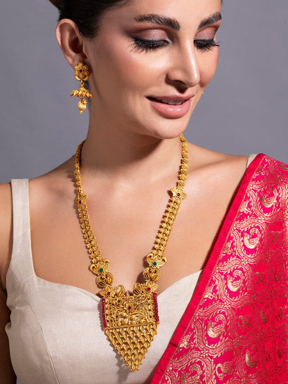 Rubans 24K Gold Plated Handcrafted Filigree Floral Ruby Studded Necklace Set Necklace Set