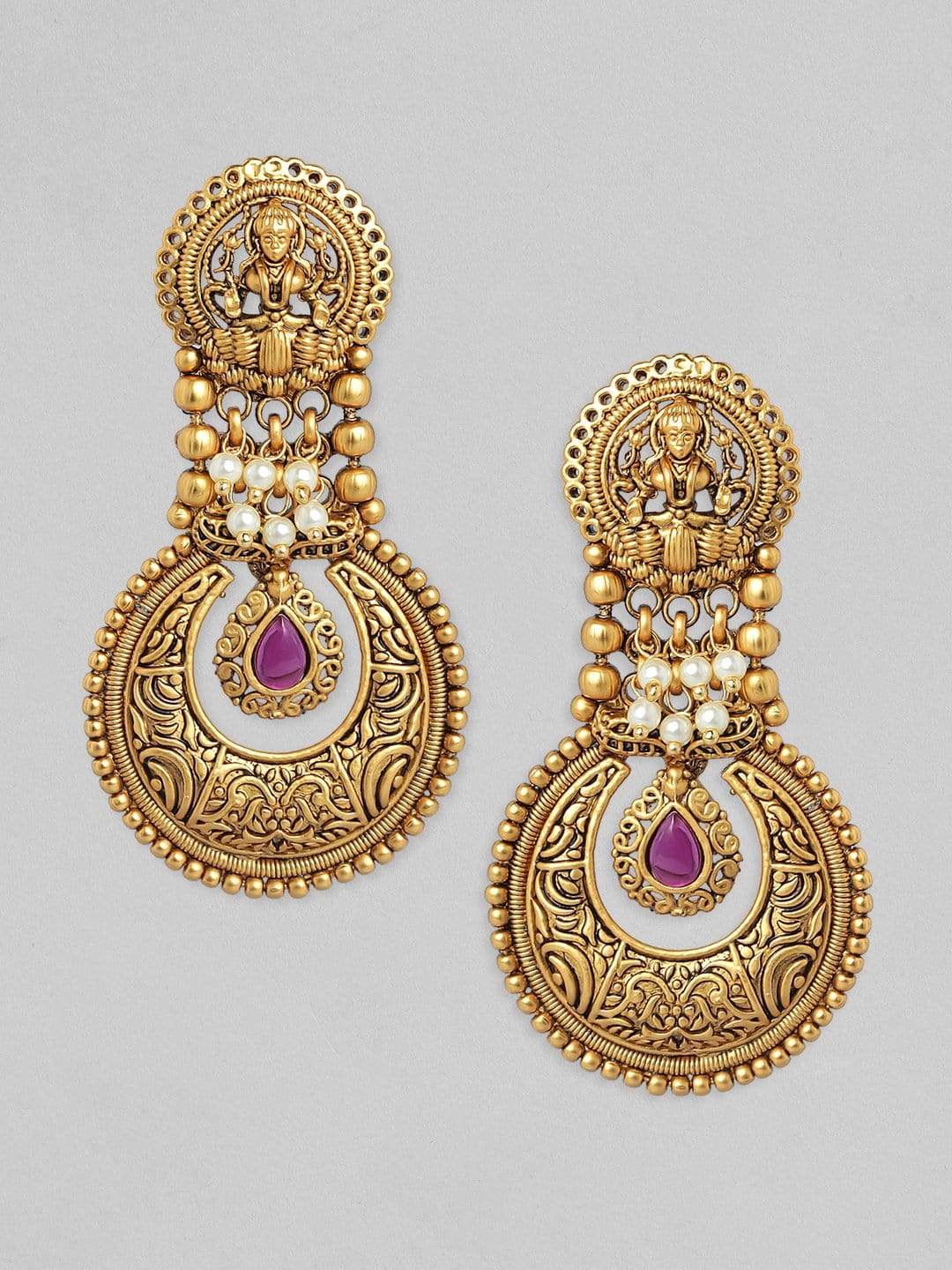Rubans 24K Gold Plated Handcrafted Filigree &amp; Pink Stone Temple Drop Earrings Earrings