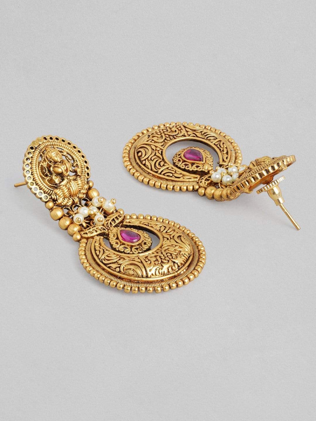 Rubans 24K Gold Plated Handcrafted Filigree &amp; Pink Stone Temple Drop Earrings Earrings