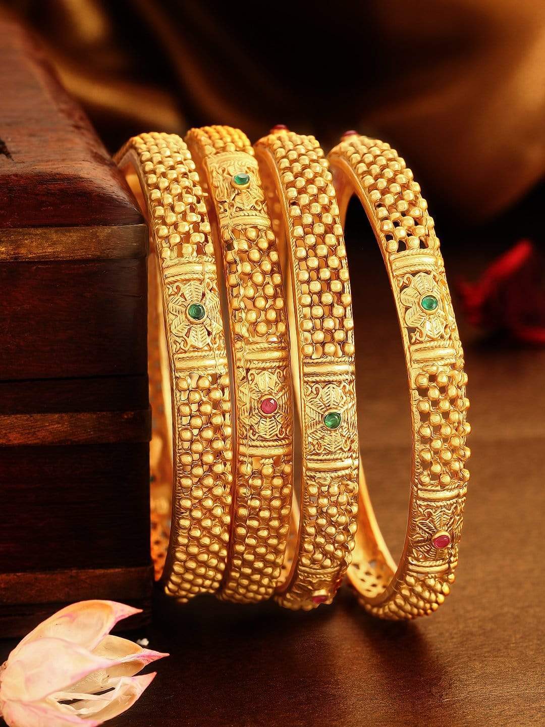 Rubans 24K Gold Plated Handcrafted Filigree &  Ruby Stone Set of 4 Bangle Set Bangles & Bracelets