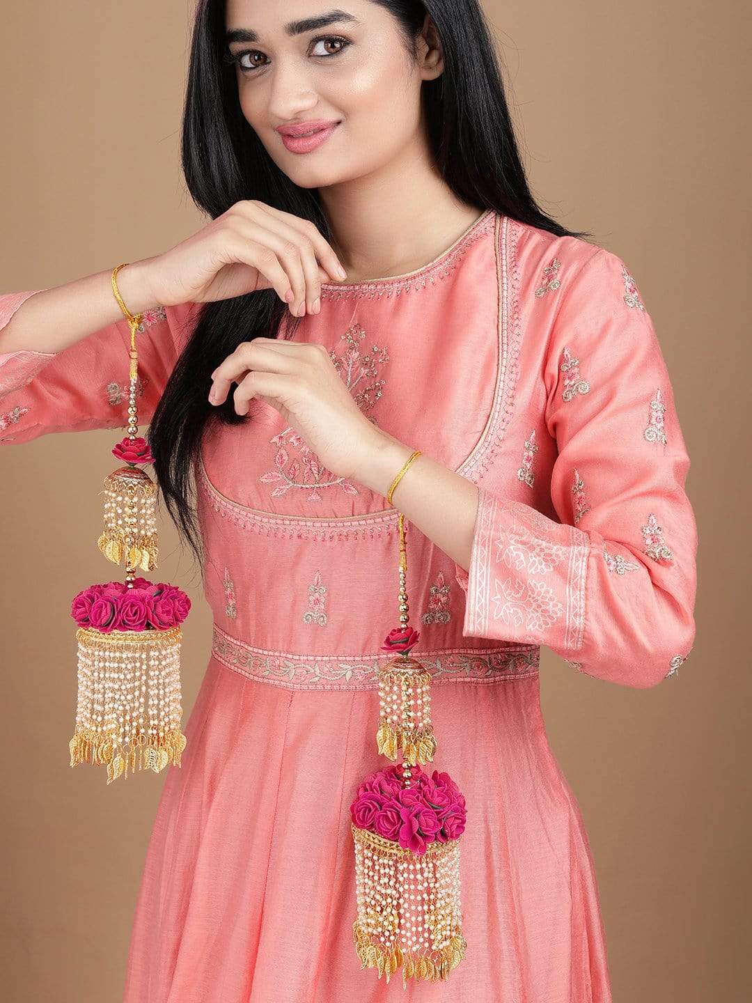 Rubans 24K Gold Plated Handcrafted Pink Floral Layered Kaleera Set kaleera