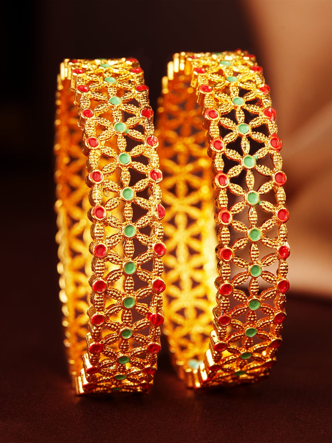 Rubans 24K Gold plated Handcrafted Red & Mint Green Enamel Floral Set of 2 Bangles Bangles & Bracelets