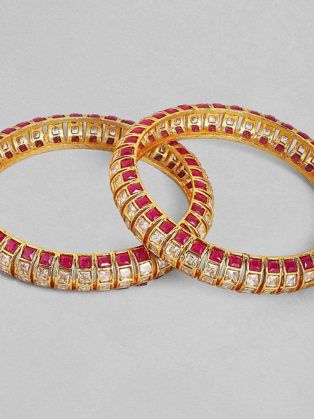 Rubans 24K Gold Plated Handcrafted Ruby Stone &amp; Kundan Set of 2 Bangles Bangles &amp; Bracelets