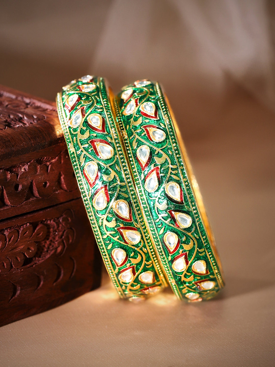 Rubans 24K Gold Plated Kundan Studded Green & Red Enamel Bangles Bangles & Bracelets