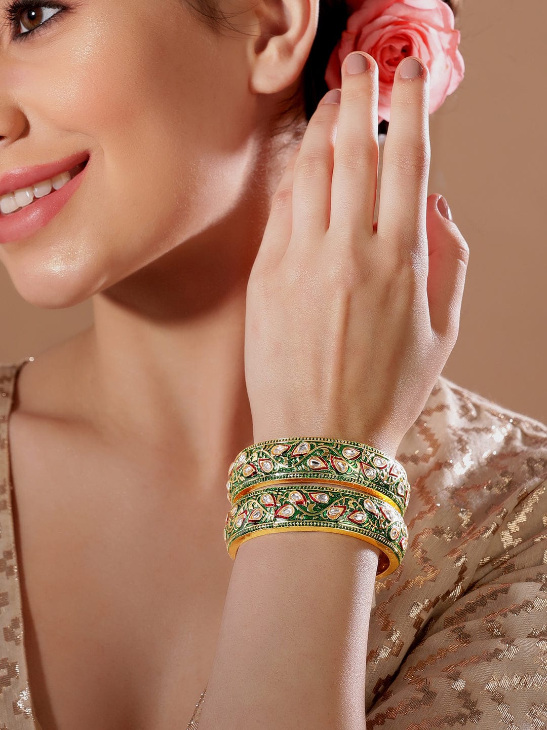 Rubans 24K Gold Plated Kundan Studded Green &amp; Red Enamel Bangles Bangles &amp; Bracelets