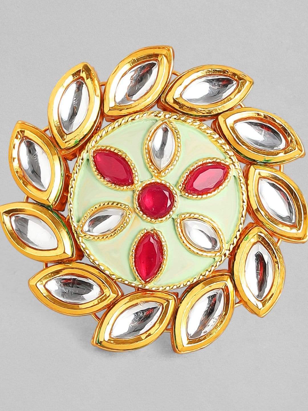 Rubans 24K Gold Plated Kundan with Mint Green Enamel Handcrafted Finger Ring Rings