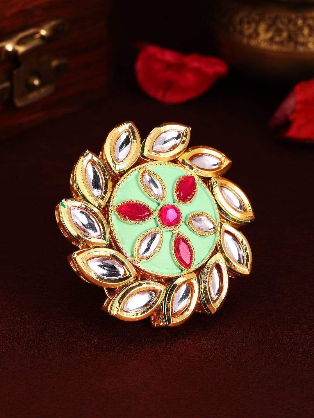 Rubans 24K Gold Plated Kundan with Mint Green Enamel Handcrafted Finger Ring Rings