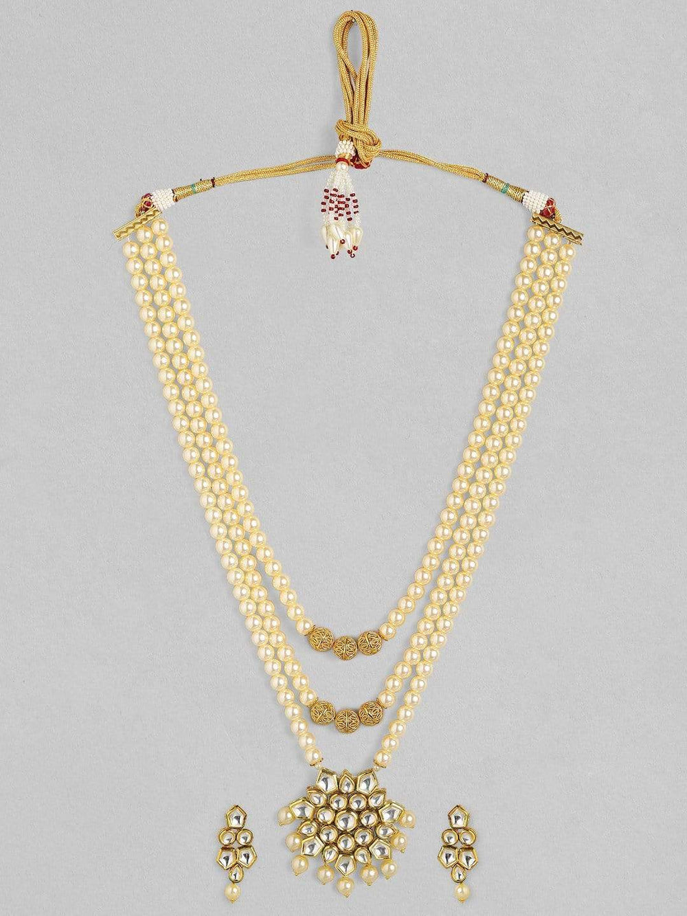 Rubans 24K Gold Plated Kundan with Pearls Handcrafted Layered Necklace Set Necklace Set