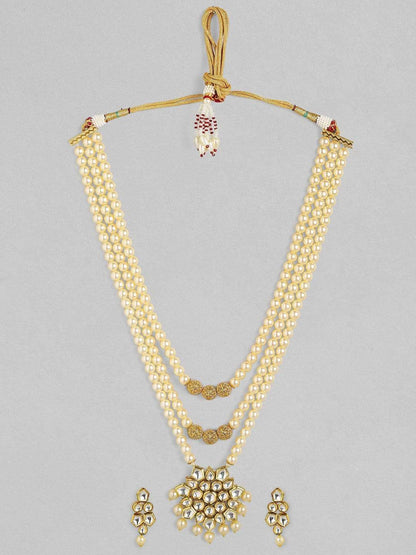 Rubans 24K Gold Plated Kundan with Pearls Handcrafted Layered Necklace Set Necklace Set